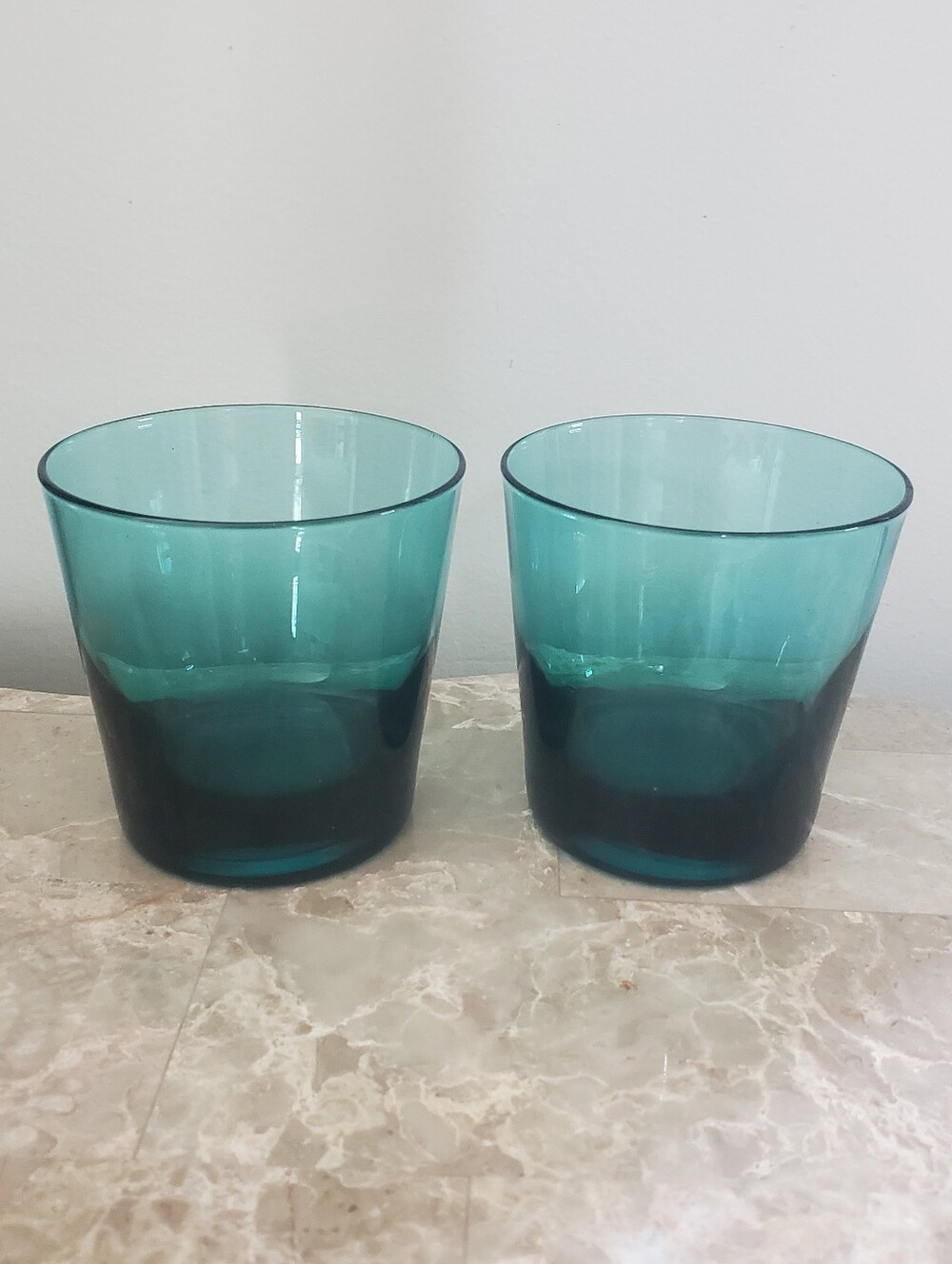 Vintage 2 Peacock Blue Glasses Tapered Lowball Tumbler Barware 8 oz